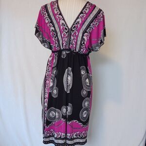 Julia Women's M/L Dress Stretch Silk Blend Pink Black Deep V Neck